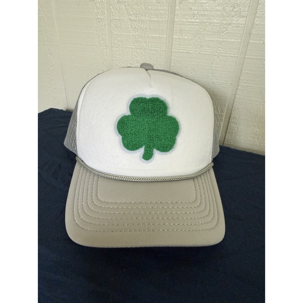 Shamrock Patch Trucker Hat Grey White St Patricks Day Snapback - Picture 3 of 3